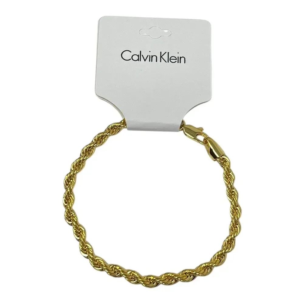 Calvin Klein Men’s Gold-Tone Rope Chain Bracelet – 9” Polished Twist Design, NWT